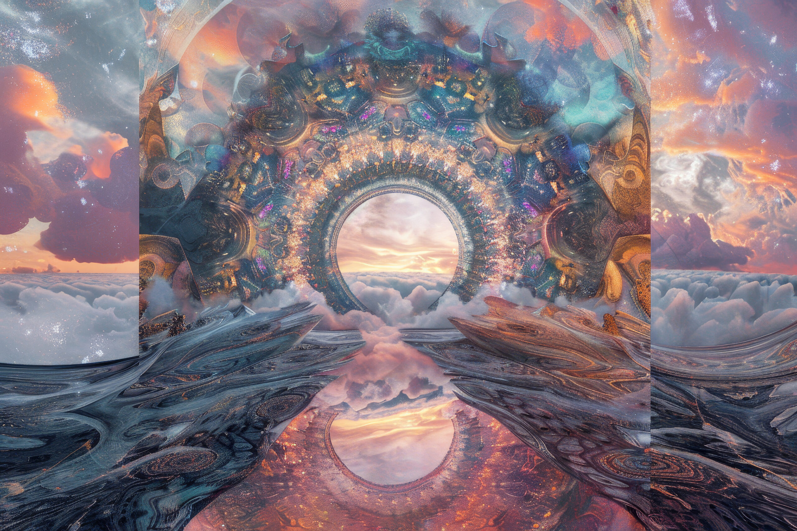 A colorful, abstract painting of a spiral with a blue sky in the background